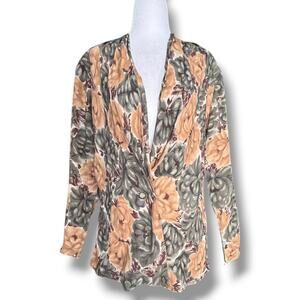 Vintage 90s Rayon Floral Blouse Jacket Neutral Autumn Button Front Long Sleeve